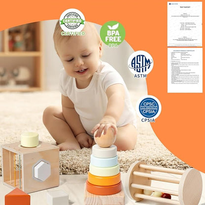 Montessori Toys for 1-3 Year Old, Baby Toys 12-18 Months, Wooden Stacking Rings Toy for Toddlers, Shape Sorting Cube, Xylophone, Preschool Sensory Developmental Educational Toy for Babies