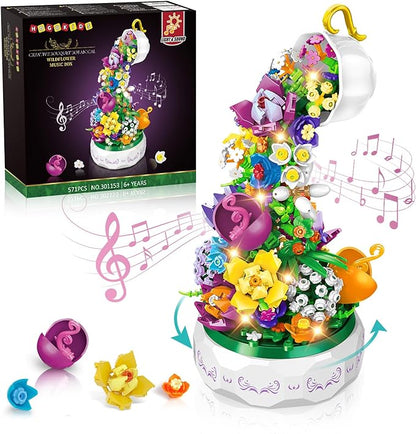 HOGOKIDS Flowers Music Box Building Block Kit with Light- 571PCS Mother's Day Decoration Rotating Music Box Building Blocks Set | Botanical Collection Birthday Gift for Girls Boys Adults Kids Ages 6+