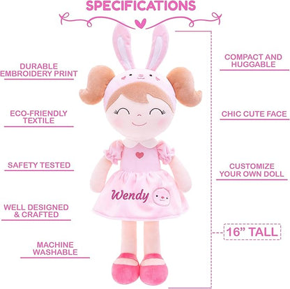 Gloveleya Personalized Doll with Embroidered Name - Pink Bunny Custom Plush Doll for Girls Cute Plush Doll Customized Gift - Muñecas de Trapo Personalizadas para Niñas