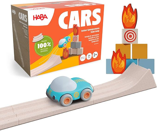 HABA Cars Action Ramp 14-Piece Toy Car Ramp Set, Sustainable Kids' Race Track with Stunt Jump & Push and Go Battery-Free Car Track Fun for Ages 2+