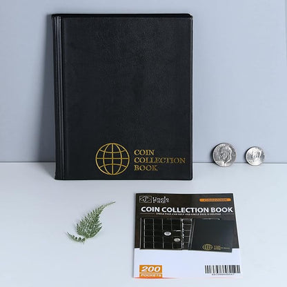 Uncle Paul 200 Pockets Coin Albums - 43x42 mm/1.7x1.6 inch Pocket Black Coin Book 10 Pages Coin Collection Holder Letter Size Coin Storage Book CS0220BK