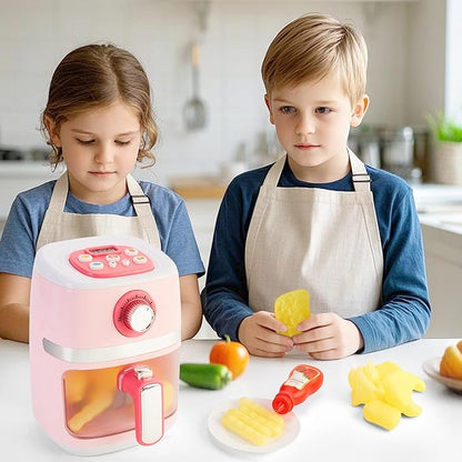 Play Kitchen Accessories, Pretend Kitchen Appliances Set with Toy Air Fryer for Kids with Sound and Lighting, Color-Changing Play Food, Birthday Gift for Boys and Girls Ages 3-5 4-8,Pink