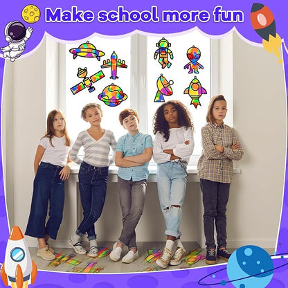 32 Sets Outer Space Suncatchers Craft Kit DIY Window Stained Glass Effect Planet Astronaut Alien Paper Crafts Home School Classroom Decoration Kid Birthday Gift Creative Art Project Activity Game