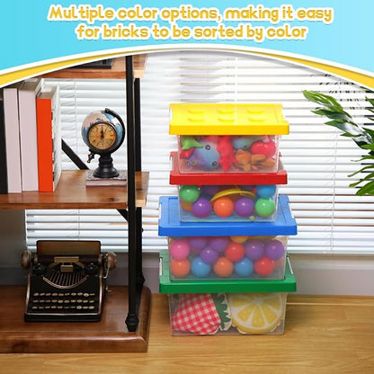 Vicenpal 4 Pack Toy Storage Containers with Lids Brick Shaped Kids Toy Organizer Box Plastic Clear Stackable Bin Chest for Building Block Dolls(Large, X-Large,Red, Yellow, Blue, Green)