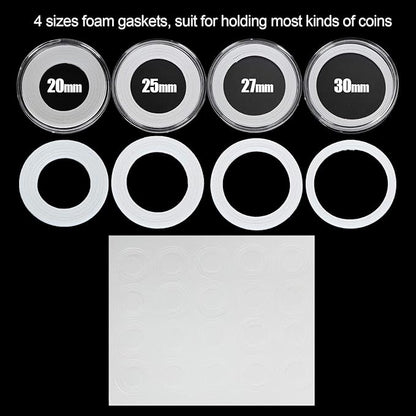 300PCS Coin Capsules, Coin Holder with Gaskets, 4 Sizes (20/25/27/30mm) Plastic Coins Protector Case with Plastic Storage Organizer Box for Collectors Coins Collection Supplies