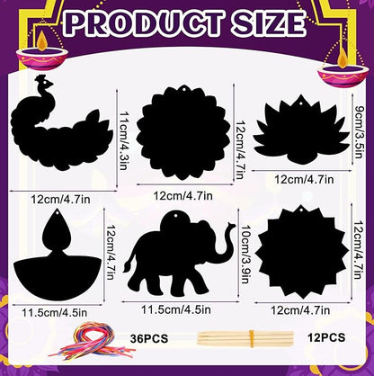 JULMELON 36 PCS Diwali Crafts, Rainbow Scratch Art DIY Scratch Paper Cards Magic Color Diwali Gifts Arts and Craft Kits Bulk Happy Diwali Party Favors School Activities Games