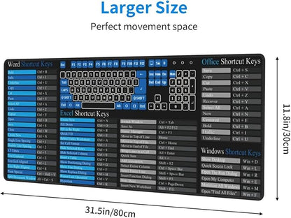 Excel Mouse Pad，Excel Cheat Sheet Desk Pad，Gaming Mouse Pad, Non-Slip Rubber Base Mousepad, Stitched Edges, 31.5x11.8 inch for Home Office