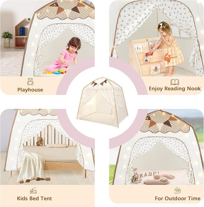 Toddler Bed Tent, Kids Play Tent with Flags, Star String, Portable Bed Canopy for Boys & Girls, Children, Indoor Outdoor Dome Playhouse, Brown Dots & Floral Pattern, 51" x 39" x 51"
