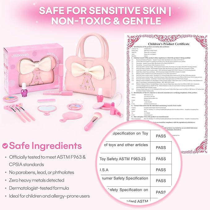 Kids Real Makeup Kit for Girls - 18Pcs Non-Toxic Washable Make Up Toys with Initial Toddler Purse - Personalized Birthday Gifts for Age 3 4 5 6 7 8 9 10 Years Old Girls Vanity Set - M