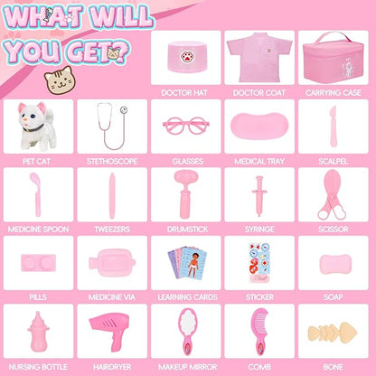 Doctor Kit for Girls, 27 Pcs Veterinarian Playset with Walking Cat Toy, Carrying Bag, Stethoscope & Dress Up Costume, Pretend Play Gift for Kids Toddlers Ages 3 4 5 6 Year Old