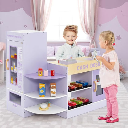 HONEY JOY Kids Grocery Store Playset, Wooden Supermarket Playset w/Cash Register & Vending Machine Toy, Blackboard, Checkout Counter Stand, Grocery Store Pretend Play for Toddler Boys Girls (Purple)