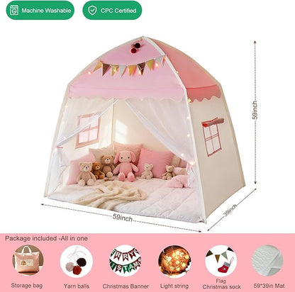 Kids Play Tent Indoor Teepee: Princess Castle Reading Nook with Mat Lights Carry Bag Mesh Windows Quick Setup for Bedroom Playroom Girls Ages 3-12 - 59x39x59 in