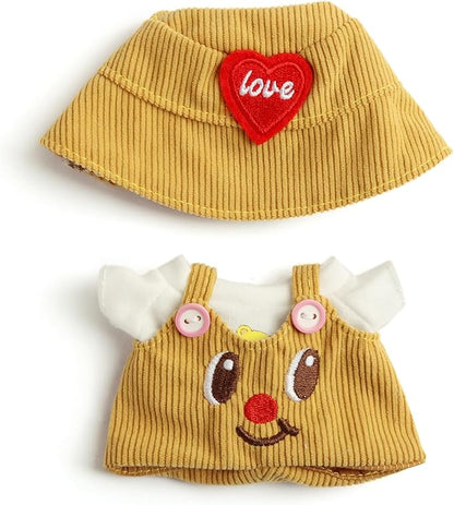 17cm Doll Clothes | Fashion Kawaii Chic Style Set for Dolls | 3-Piece Outfit with White Bear T-Shirt, Orange Romper & Orange Heart Hat (NO Doll)