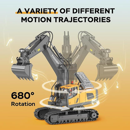 RC Excavator Toy Remote Control Excavator USB Charging, 680 ° Rotation, Featuring Flashing Lights with Engine Sound Toy for Kids Christmas Birthday Gift