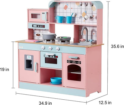 VEVOR Wooden Play Kitchen Toy, Play Kitchen for Kids with Lights and Sounds, Toddler Kitchen with Ice Maker, Oven, Sink, Microwaves, Fridge and Utensil and Fruit Accessory for Toddlers Ages 3-8, Pink