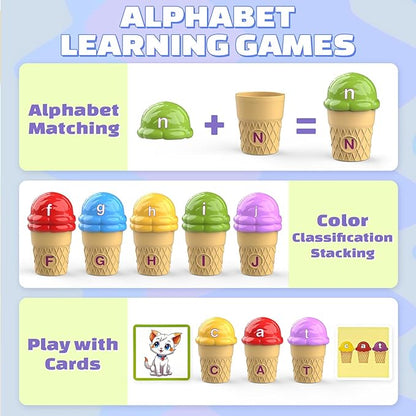 Ice Cream Color Sorting Toys for Toddlers, Montessori Learning Toys with ABC Letter Recognition Flash Cards for Preschool Kids (Alphabet)