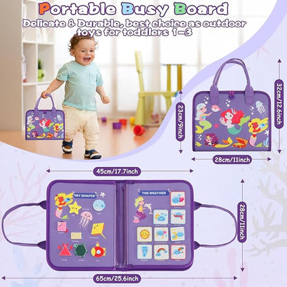 Montessori Busy Board for Toddlers 1-3, Soft Sensory Activity Book with Life Skills, Cognition, Sorting, Matching, Travel Toys for Airplane Car, Gift for Girls Boys 2-4 Years Old (Mermaid)