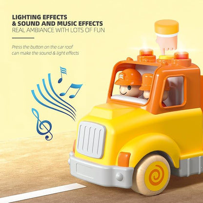 Toddler Car Toys for 2 3 4 5 Years Old Kids, Transport Carrier Truck Toy with 4 Wooden Vehicle, 24IN Foldable Track Trailer with Light & Sound Effects, Best Gift Choice for Christmas, Birthday