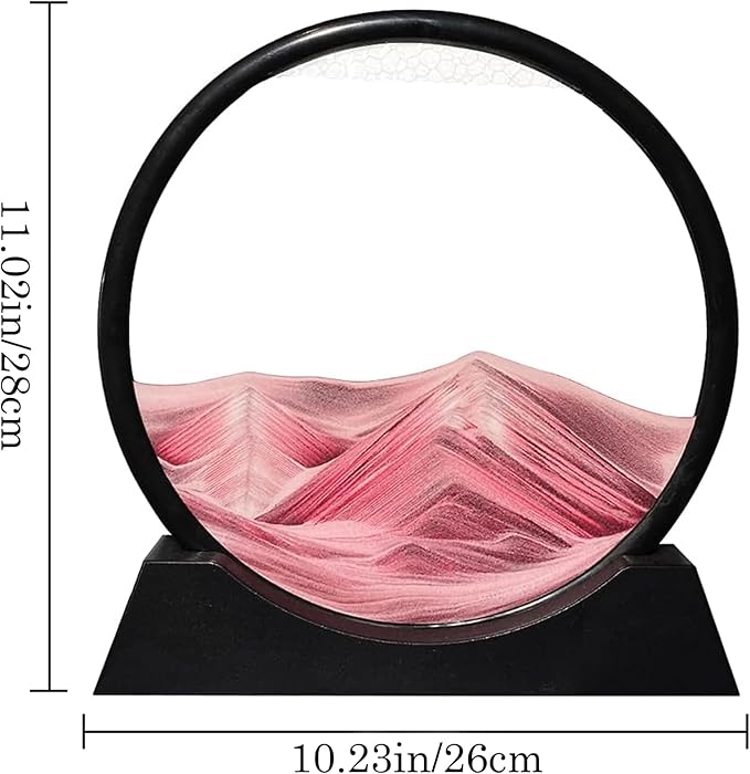Aoderun Moving Sand Art Picture Round Glass 3D Deep Sea Sandscape in Motion Display Flowing Sand Frame Relaxing Desktop Home Office Work Decor (12", Pink)
