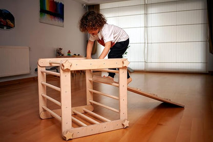 Montessori Activity Cube | Foldable Montessori Climbing Cube | Indoor 9 in 1 Transformable Activity Cube for Toddlers & Kids | Indoor Climbing Activity Wooden Playground (Cube + Ladder Ramp)