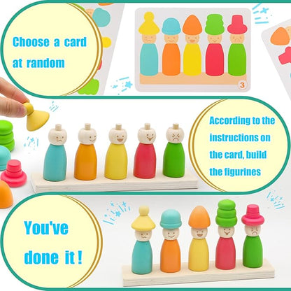 ZHX Montessori Wooden Stacking Toys for 3 4 5 6 Year Old Boys Girls, Colorful Puppet Hat Face Matching Game Preschool Educational Toys Gift for Toddler