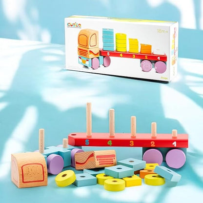 CUBIKA Wooden Geometric Shapes Truck– Montessori Toy for Toddlers Ages 3+– Shape Sorter and Stacking Truck Building Toy– FSC-Certified Wood, German Water-Based Paints, Travel-Friendly