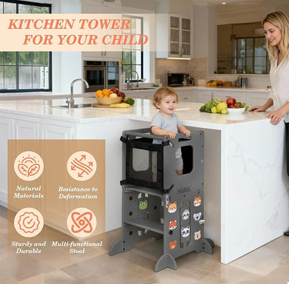 Toddler Kitchen Stool Helper, CPC Certified Foldable Toddler Tower, Learning Wooden Tower with Support Feet and Chalkboard, Anti-Drop Structure, Safe Design for Kids, Grey