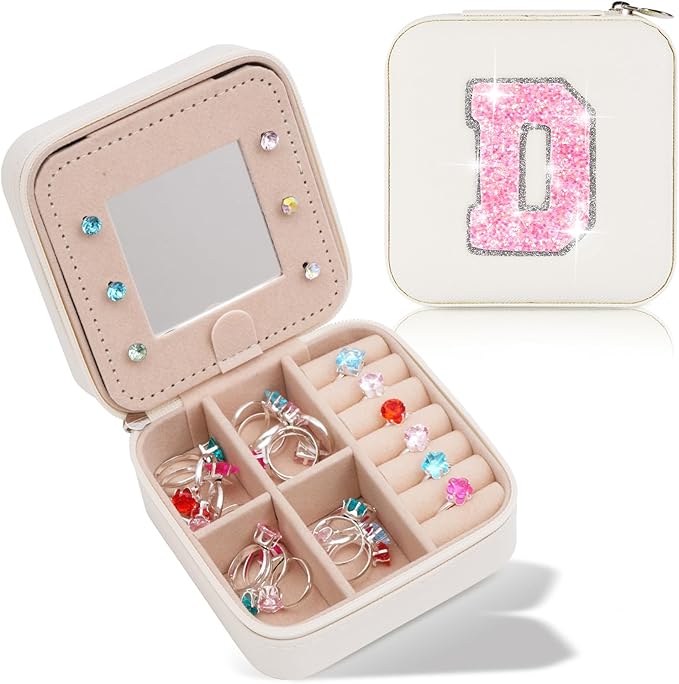 Personalized Jewelry Case for Women Girls - Fashion Mini Jewelry Boxes - Trendy Travel Jewelry Organizer with Initials Letter - Teen Gifts | Cream,D