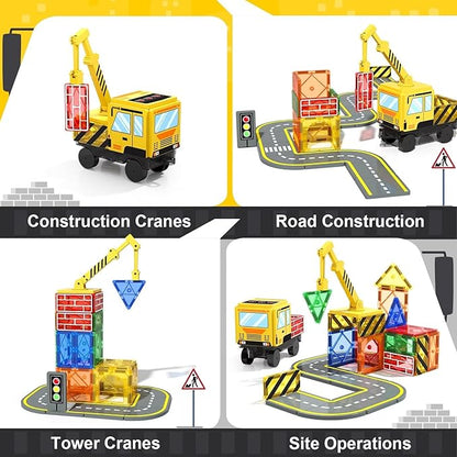 Magnetic Tiles Magnetic Building Blocks Crane Truck STEM Building Toys for Kids 3 4 5 6 7 8 Year Old Boys Girls Birthday Xmas Gifts