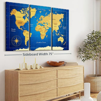 ElephantStock Yellow Longitude World Map Multi Piece Canvas - 3 Panel Wall Decor - Map of the World Art - Canvas for the Office and Home - 74" X 48"