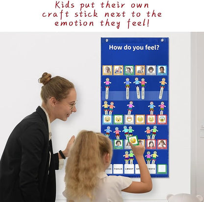 Boczif Emotions Feelings Pocket Chart for Classroom Chart with 24 Cards for Preschool Teacher,Daycare Decor, Social Emotional Learning Activities, Calm Down Corner Supplies (Blue)