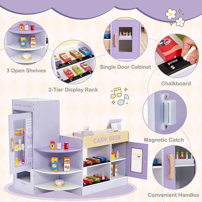 HONEY JOY Kids Grocery Store Playset, Wooden Supermarket Playset w/Cash Register & Vending Machine Toy, Blackboard, Checkout Counter Stand, Grocery Store Pretend Play for Toddler Boys Girls (Purple)