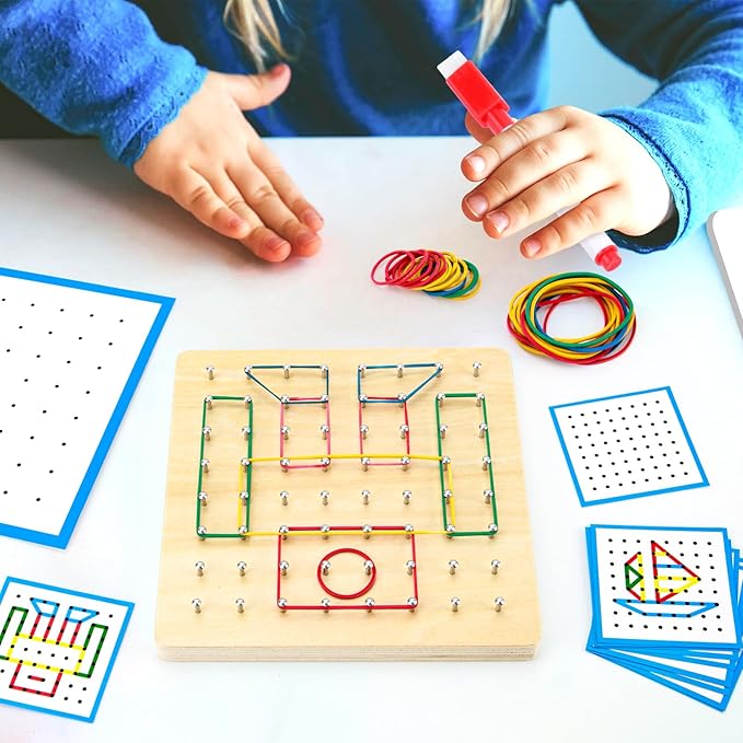 HEELWIRE Wooden Geoboard, Montessori Educational Toy for Kids with Pattern Cards and Rubber Bands to Figures and Shapes, Brain Teaser STEM Geo Board