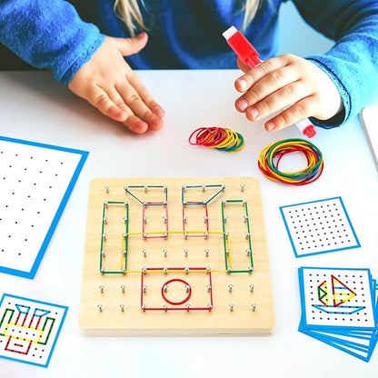 HEELWIRE Wooden Geoboard, Montessori Educational Toy for Kids with Pattern Cards and Rubber Bands to Figures and Shapes, Brain Teaser STEM Geo Board