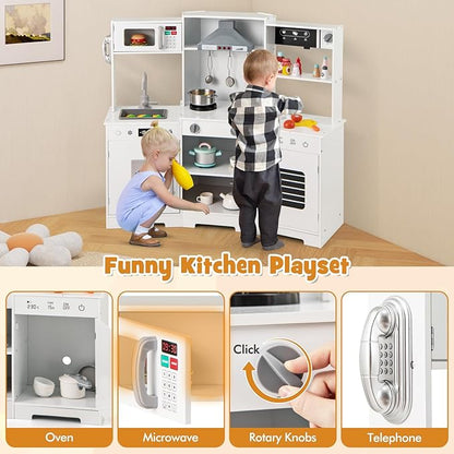 HONEY JOY Corner Kids Kitchen Playset, Wooden Toy Kitchen Set w/Lights & Sounds, Range Hood, Ice Maker & Coffee Maker, Microwave, Sink, Faucet, Little Chef Pretend Play Kitchen for Toddlers, White