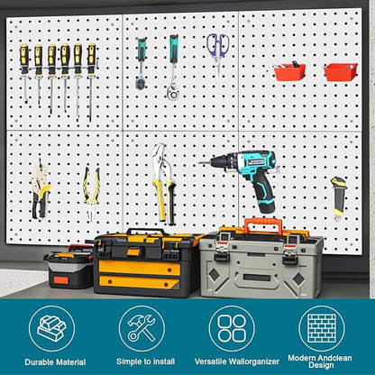 6 Pack Steel Peg Board,Universal 1/8 and 1/4 Pegboard Accessories,Ideal for Garage Tool Storage, Office Organization, Craft Room, Kitchen etc. (White, 6-12X12)