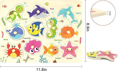 Wooden Peg Puzzle, Sea Creature Chunky Baby Puzzles, Colorful Wood Shape Puzzle Peg Board, Animal Knob Puzzles for Educational Toddlers 18 Months and Up, 11 Pieces