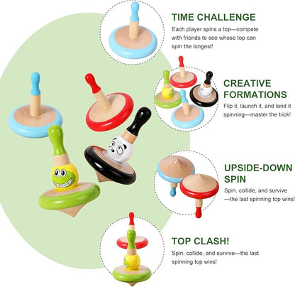 WODI 4PCS Wooden Spinning Tops - Adorable Animal Gyroscope Toys for Toddlers, Safe & Fun Montessori Educational Gift, Fidget Spinner for Kids/Toddlers (#1)
