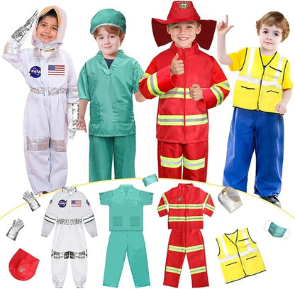 LOYO Kids Role Play Dress Up Clothes for 3-8 Years Old Play, 4 Sets Astronaut/Doctor/Fireman/Construction Costume for Kids And Toddlers Boys Halloween Costumes