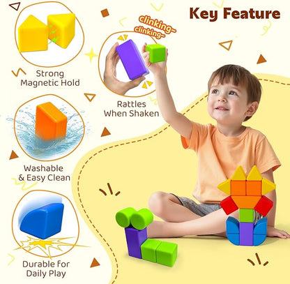 Magnetic Blocks with Multiple Shapes, 1.65 inch Large Magnetic Building Cubes for Kids, Sensory Montessori Stacking Toys for Boys & Girls Ages 3 4 5 6 (21pcs)