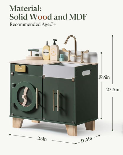 ROBOTIME Play Kitchen Set- Wooden Toy Washing Machine, Kids Washer and Dryer for Kids Kitchen Playset with Realist Sound/Iron, Pretend Play Kitchen for Toddlers (Vintage Green)