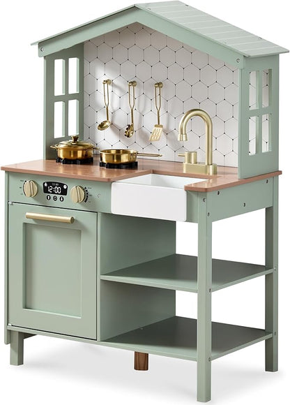 Best Choice Products Pretend Play Wooden Farmhouse Kitchen Set for Kids w/Toy Storage, Clicking Knobs, Windows, 5 Accessories Included - Sage