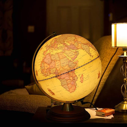 Illuminated World Globe for Adults & Kids with Wooden Stand,Built in LED Lamp for Illuminated Night View Antique Globe for Home Décor and Office Desktop 8inch