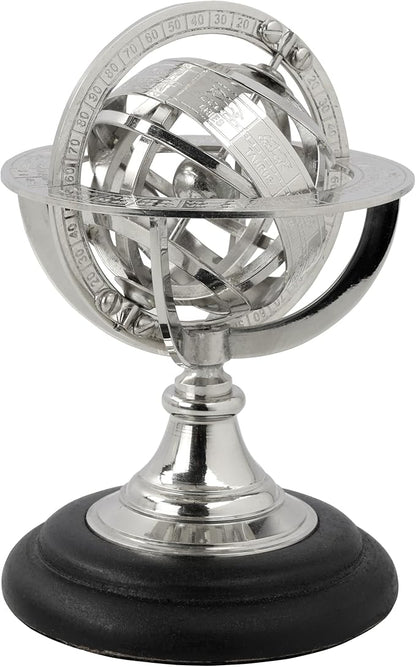 Antique Vintage Zodiac Armillary Brass Sphere Globe Wooden Display | Pirate's Antique Ship Decor | Nagina International (Small, Nickel Plated)