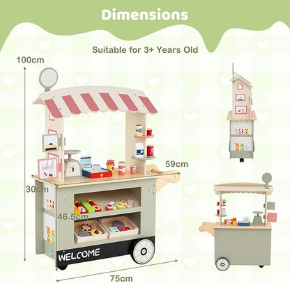 HONEY JOY Kids Food Cart, 30-Piece Toddler Pretend Play Grocery Store Playset w/Cash Register & Scale, Wooden Dessert Shop Play Market, Children Beverage Stand Cart w/Wheels, Gift for Boys Girls