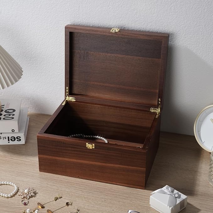 Large Wooden storage box - Wood Box with Lid for Home Decor, Ideal for Keepsakes, Trinkets, Jewelry & Photo, 11x 8.9x4.9 IN, Rustic Design-WB004- Large