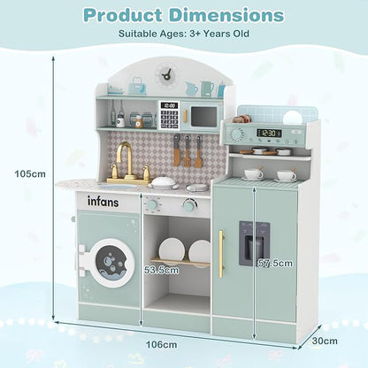 INFANS Kids Kitchen Playset, Toddler Wooden Kitchen Pretend Cooking Toy Set with Coffee Maker Ice Machine Dishwasher Microwave Storage Cabinet, Simulation Play Kitchen for Boys Girls 3+ (Blue)