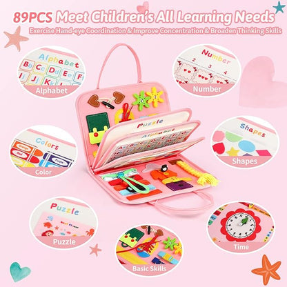 8 in 1 Toddler Busy Board for 1 Years Old, Montessori Toy Busy Book for Toddlers 1-3 Educational Learning Toy Activity for Basic Motor Skills, Kid Travel Essential 2-4 Yr Birthday Gift for Girl(Pink)