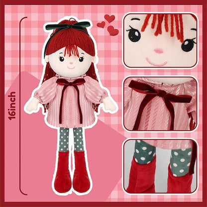 Soft Baby Doll Toys (16'') Baby Rag Doll for Girls Birthday Cuddly Plush Toys for Toddler Kids (Red)