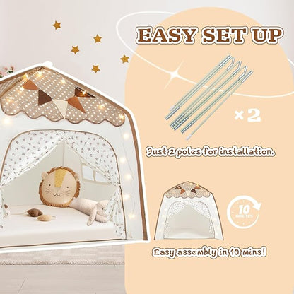 Toddler Bed Tent, Kids Play Tent with Flags, Star String, Portable Bed Canopy for Boys & Girls, Children, Indoor Outdoor Dome Playhouse, Brown Dots & Floral Pattern, 51" x 39" x 51"